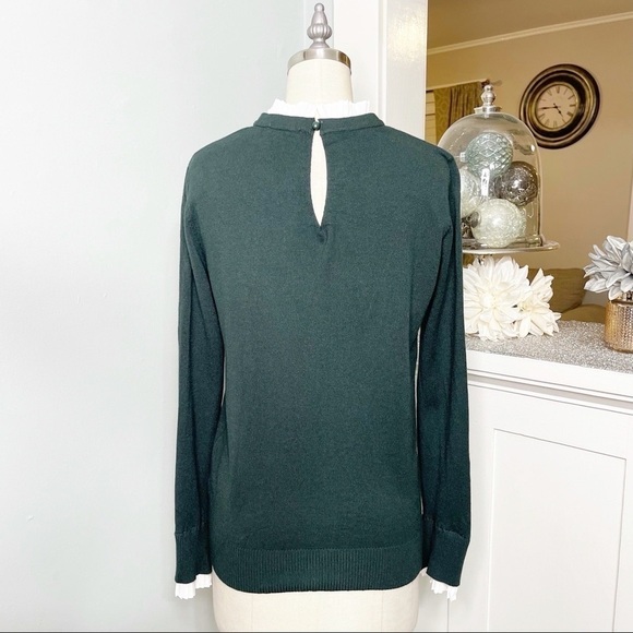 Vila Milano Layered Look Wool Sweater w Pleated Blouse Dark Green White Large - Picture 6 of 11